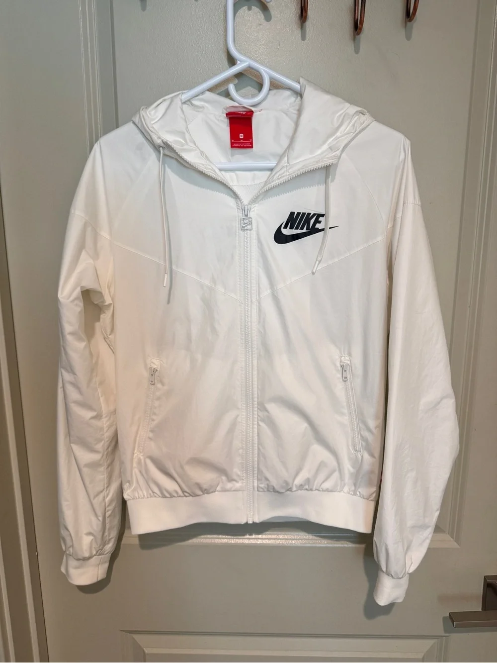 Nike White Women's Hooded Bomber Jacket with Black Swoosh